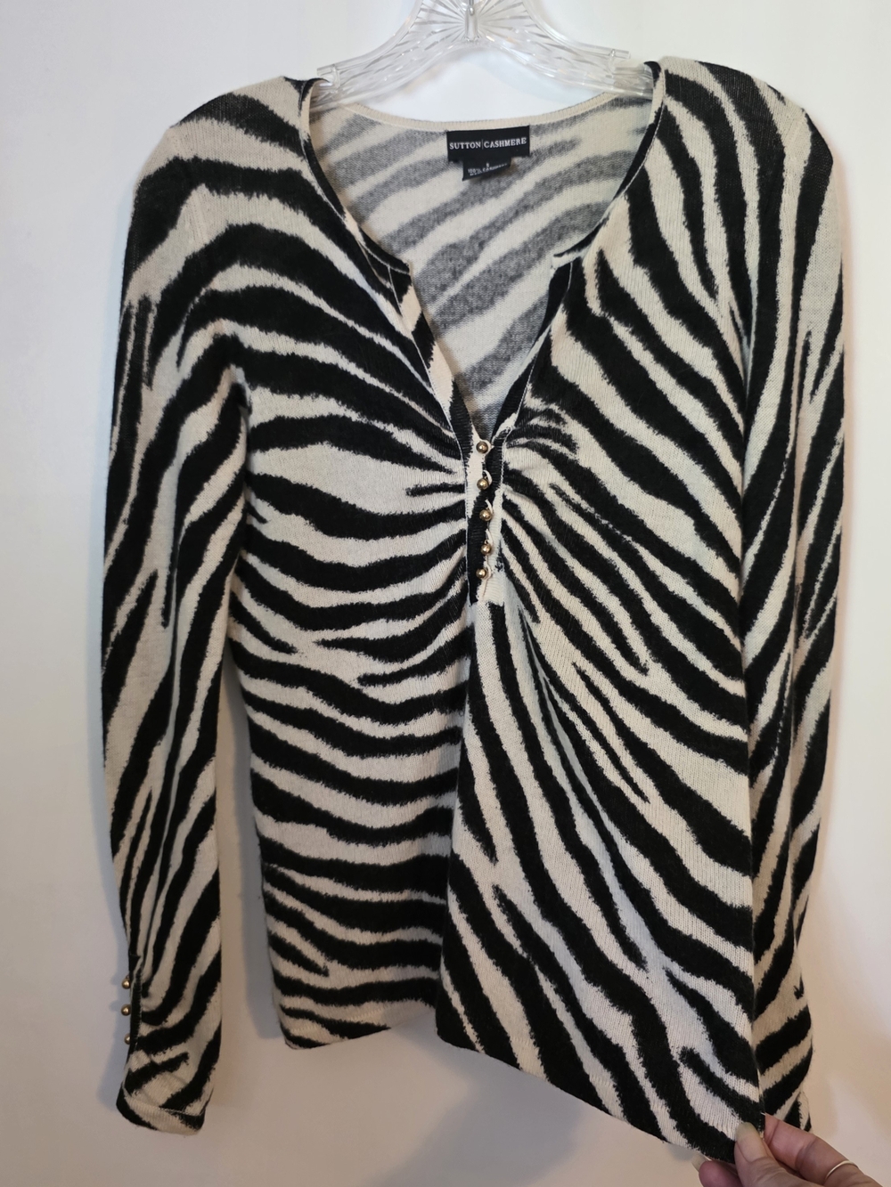 Sutton 100% Cashmere Zebra Print Gold Button Henley Cardigan Sweater